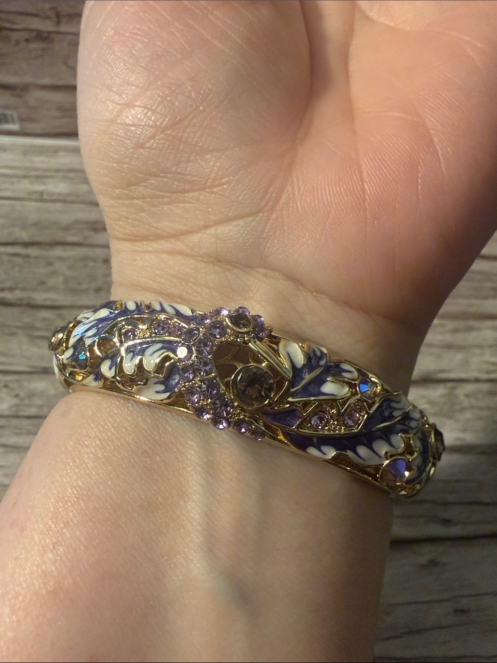 Gold Plated Hinged Wide Bangle with Purple Enamel and Aurora Crystals